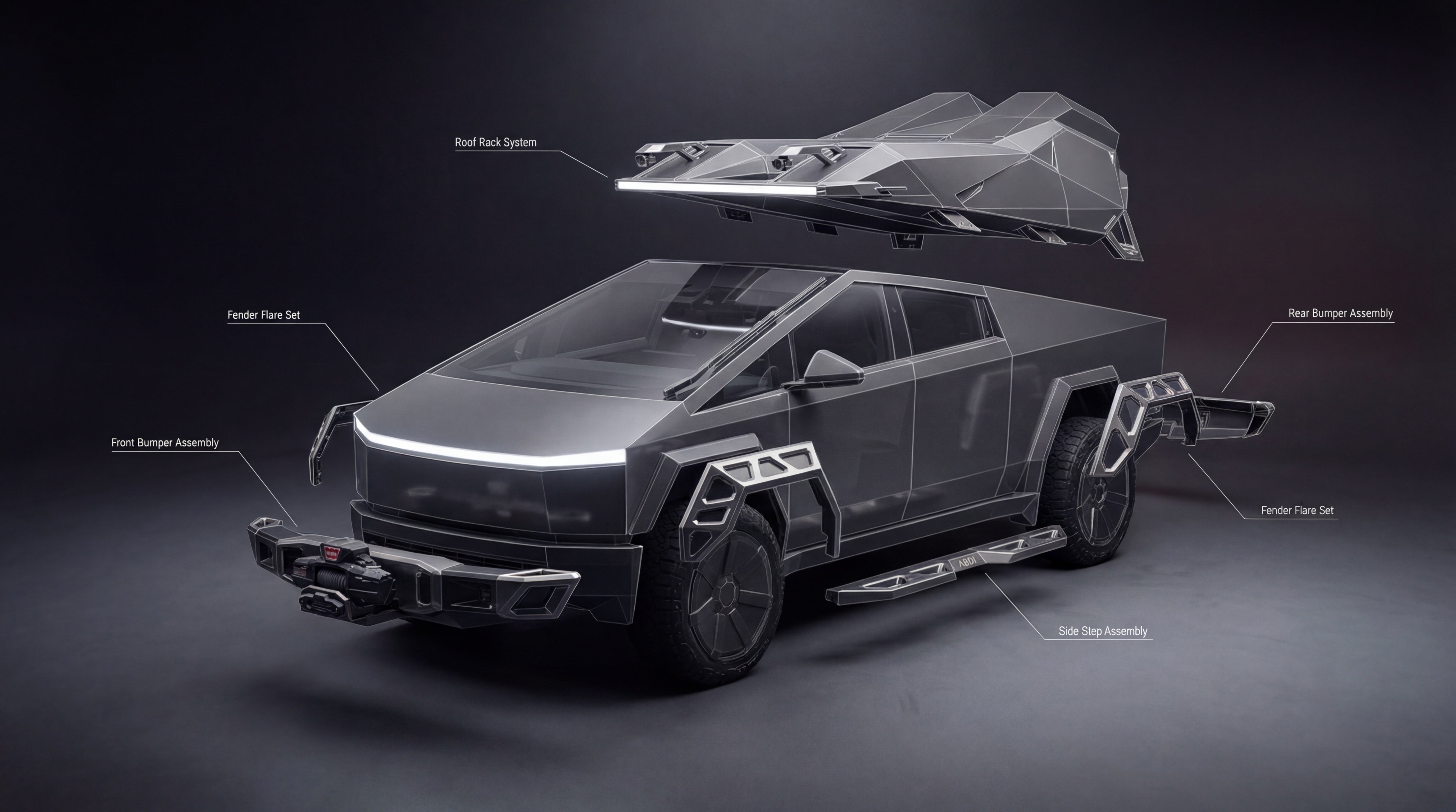 Exploded view of complete Xolaris exterior system — all components separated showing mounting positions