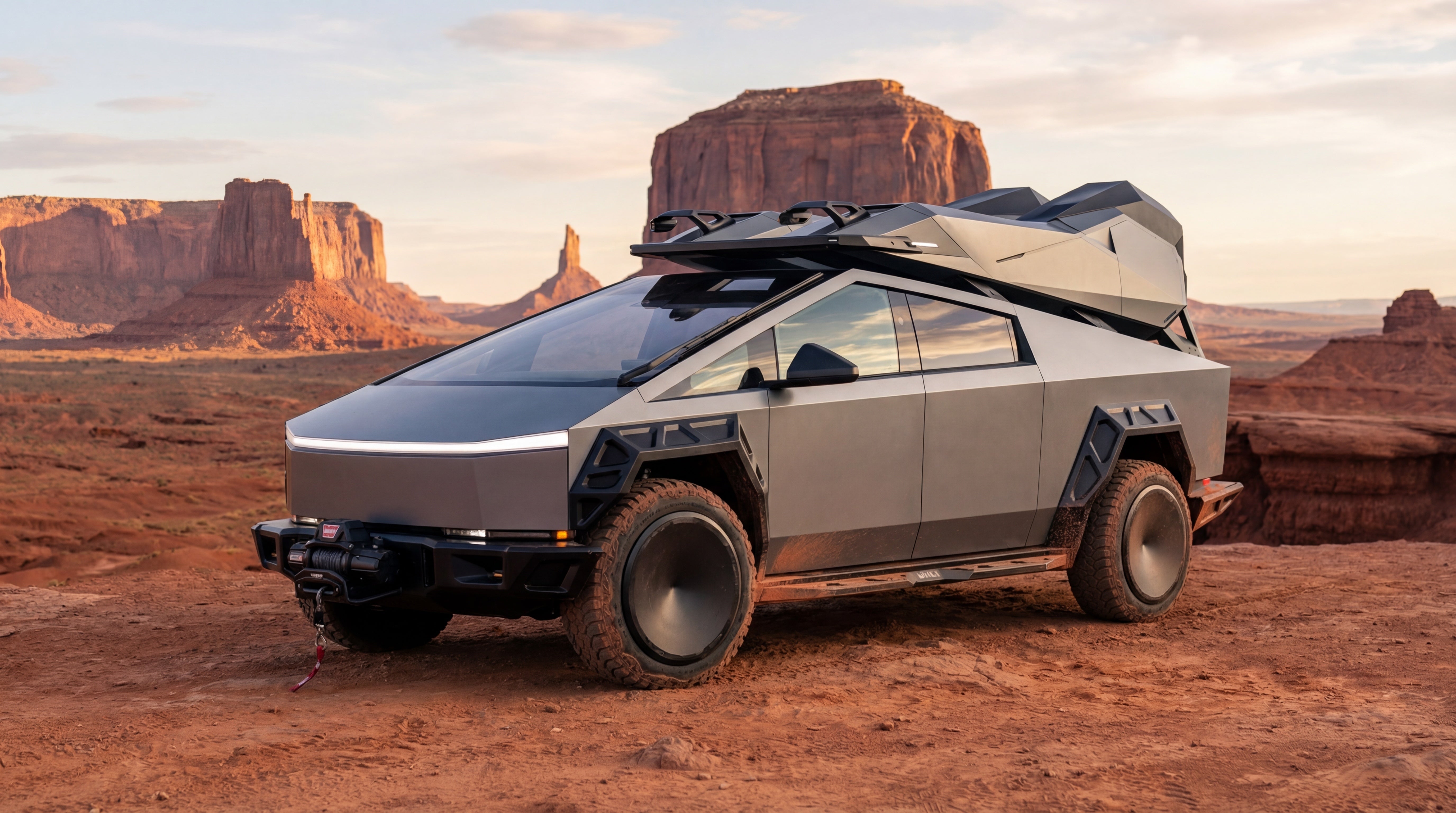 Cybertruck with Xolaris exterior in desert landscape at golden hour