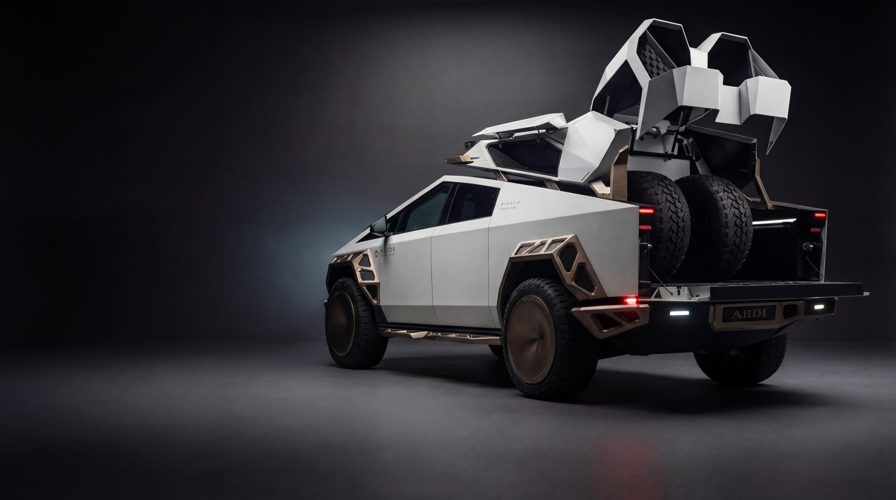 Cybertruck with complete Xolaris exterior system: roof rack, spare carrier, fender flares, winch bumper (render)