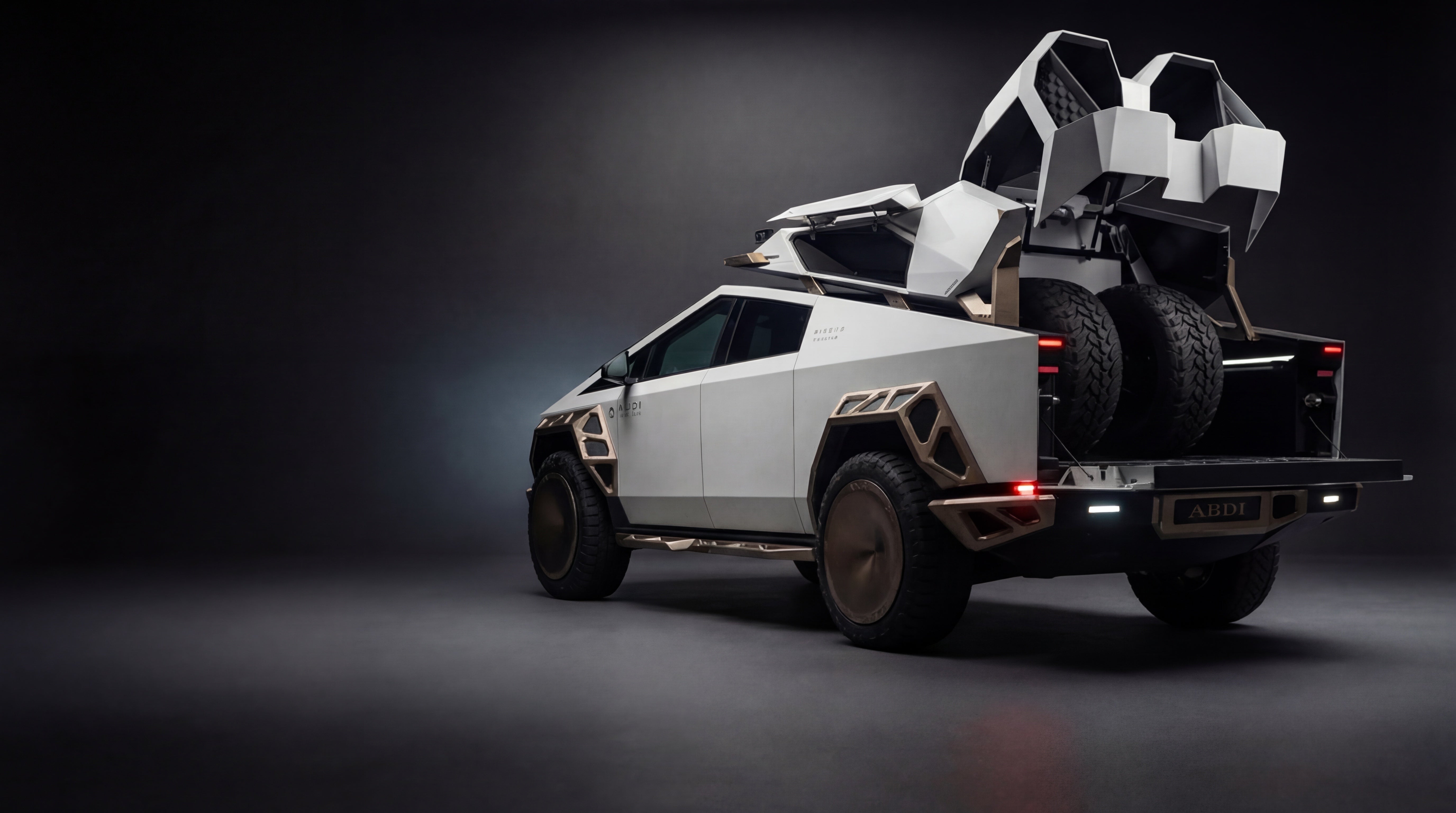 Cybertruck with complete Xolaris exterior system — roof rack, spare carrier, fender flares, winch bumper