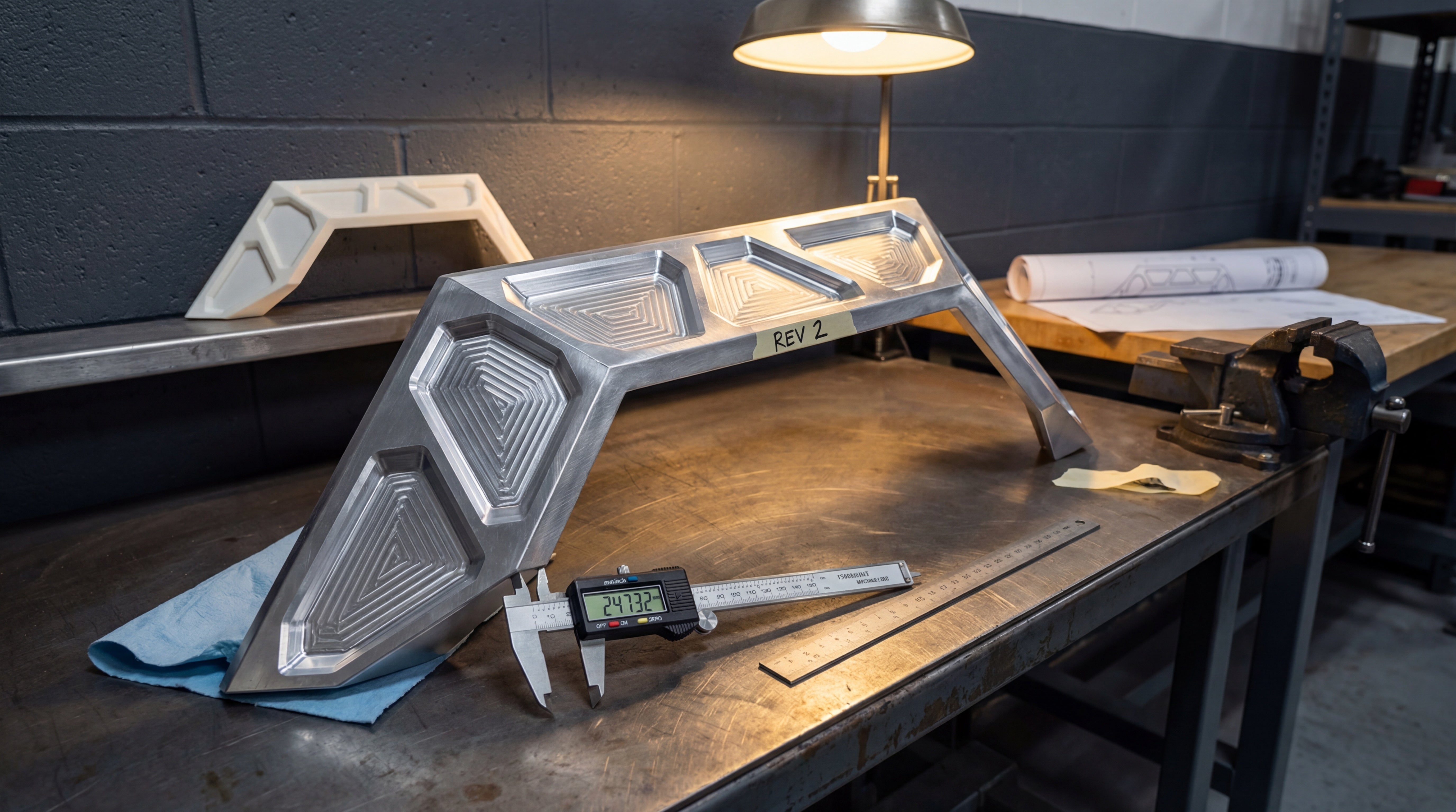 REV 2 prototype — CNC aluminum fender flare with digital caliper measurement