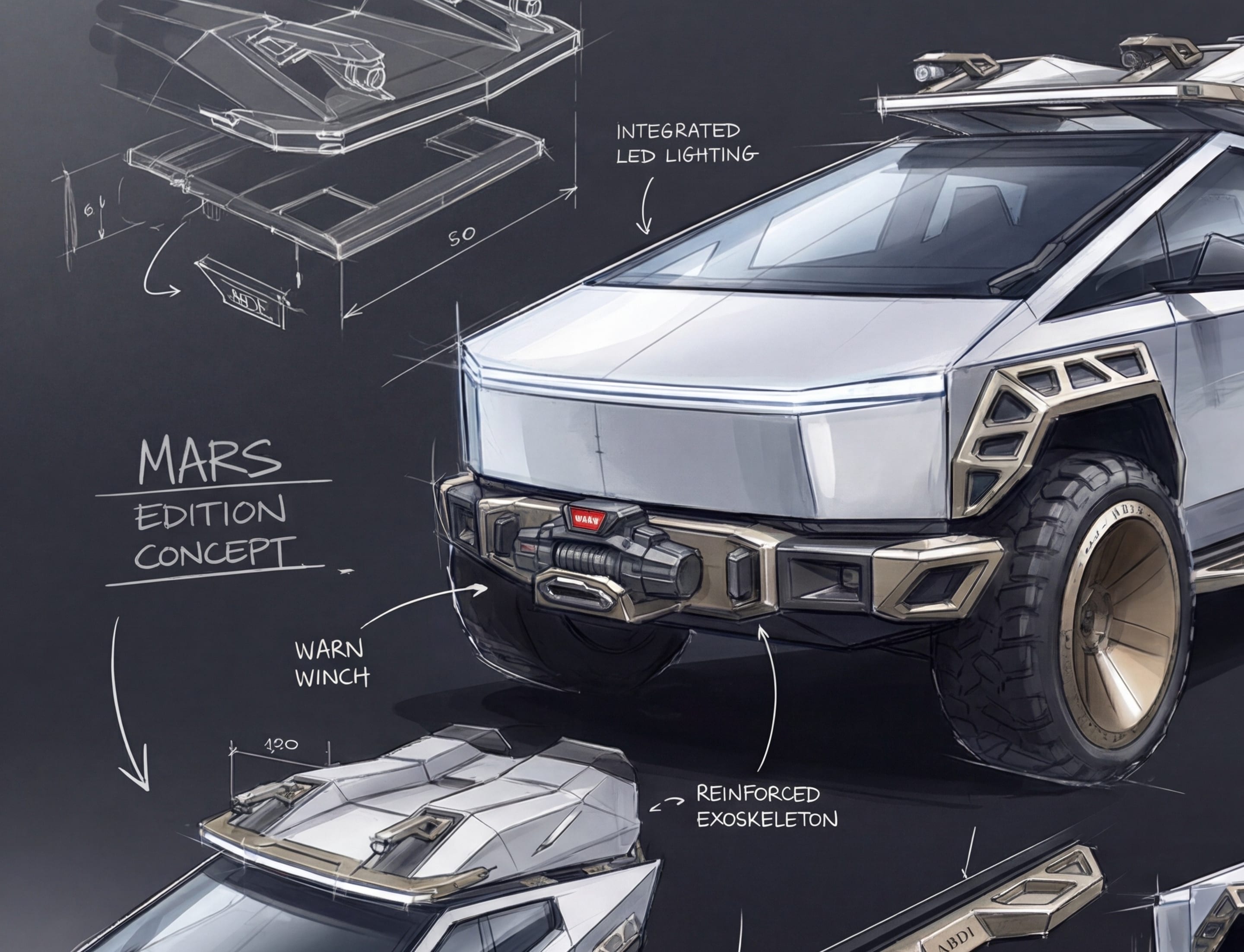 Step 01: Concept & Sketch. Concept sketch of a Cybertruck front with a winch bumper and fender armor, beside roof rack studies
