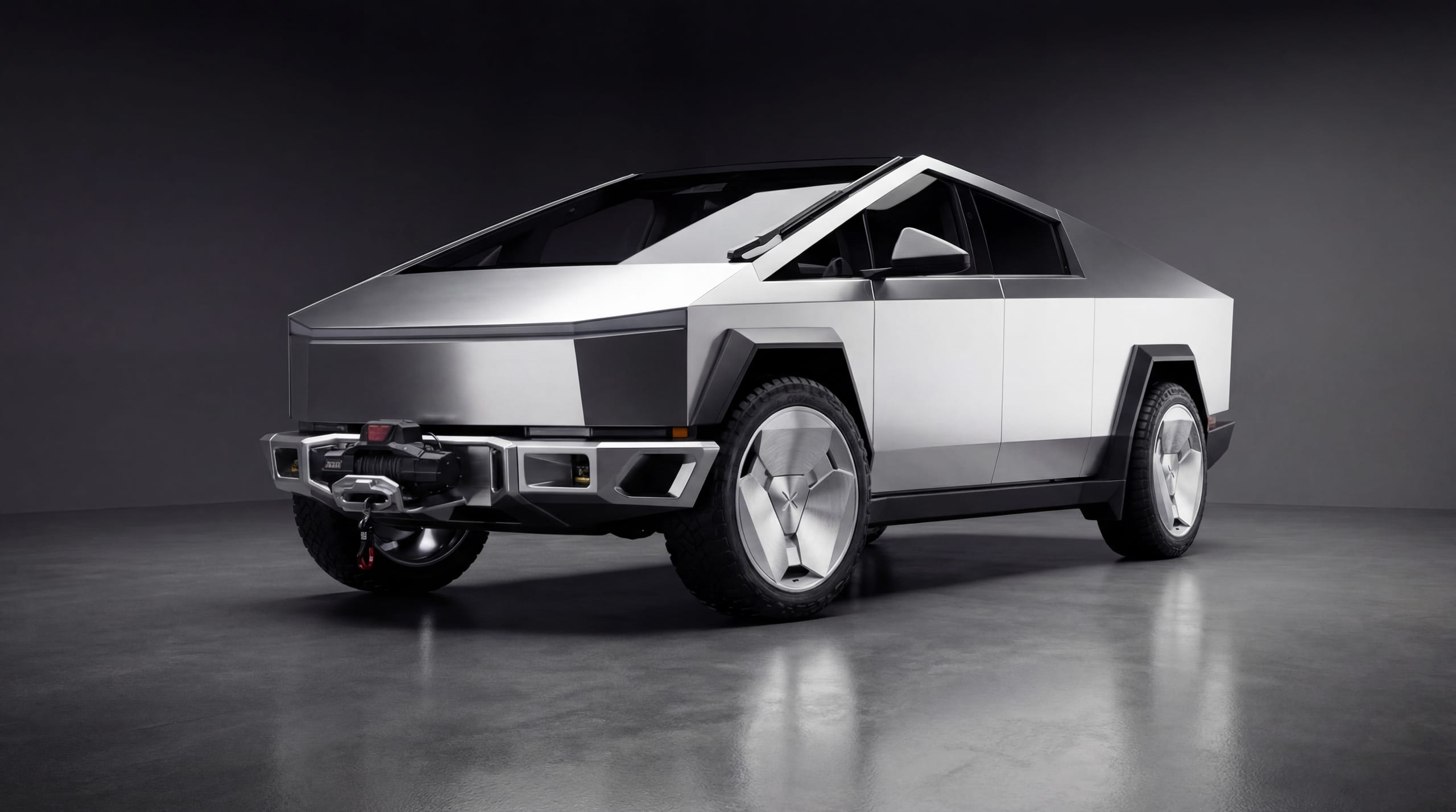 Cybertruck with Xolaris Monolith · 24” · Brushed Aluminum · Front Bumper · Fender Flares + Rocker Panels (render)