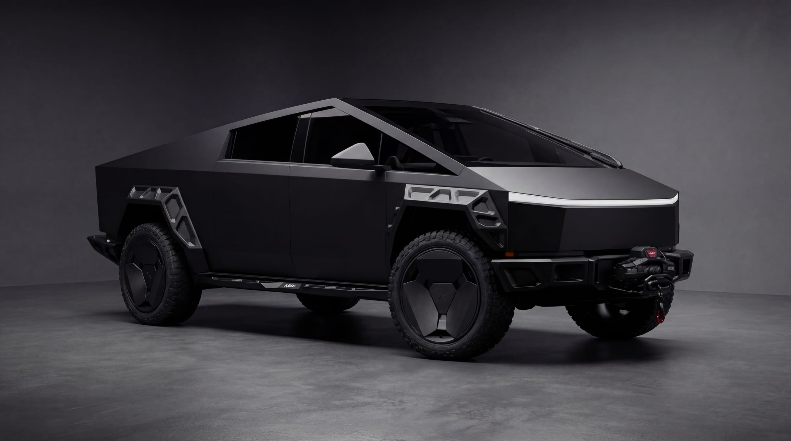 Cybertruck with Xolaris Monolith · 24” · Satin Obsidian · Front Bumper · Rear Bumper · Fender Flares + Rocker Panels (render)