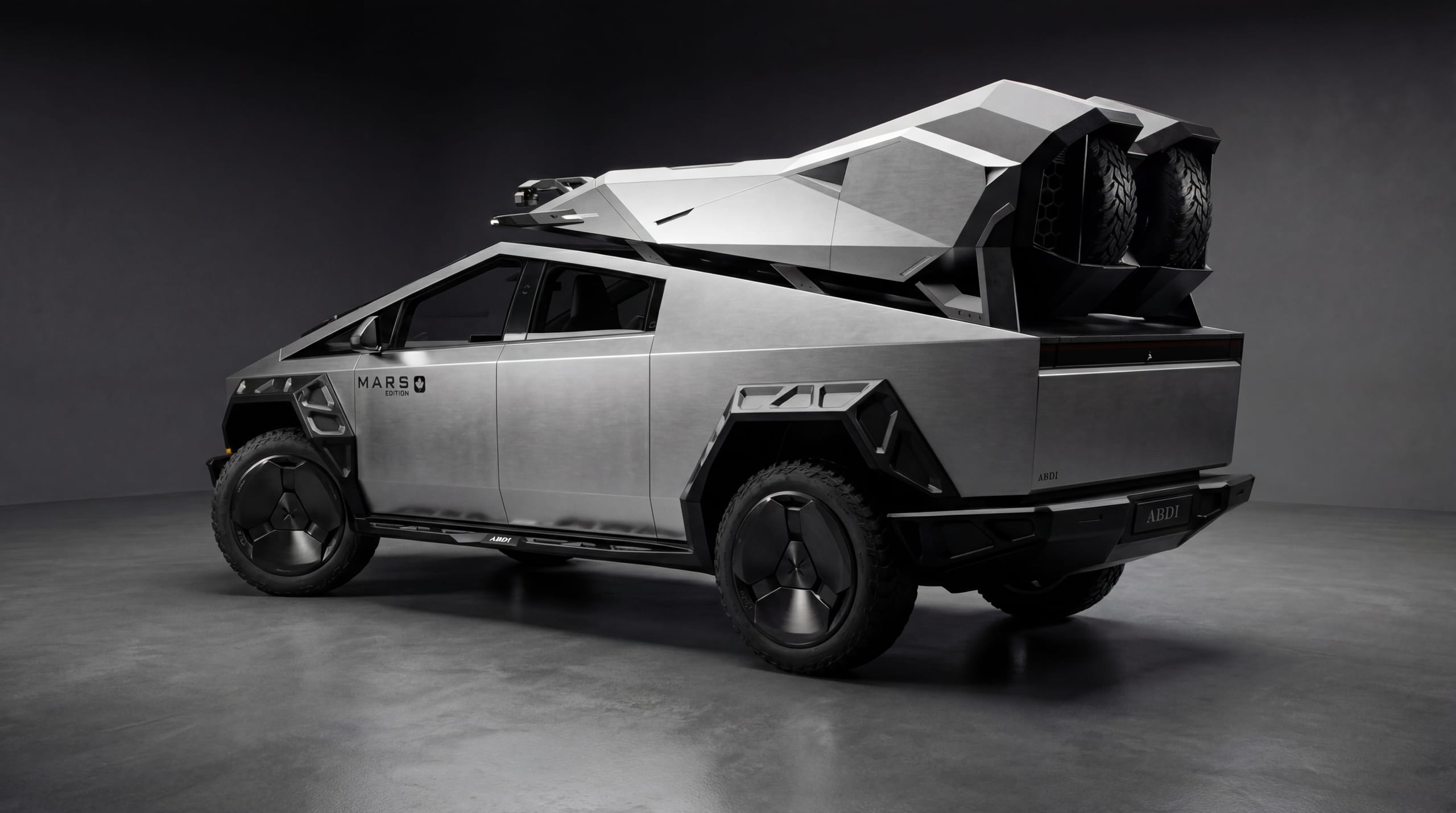 Cybertruck with Xolaris Monolith · 20” · Brushed Obsidian · Full Exterior Kit (render)