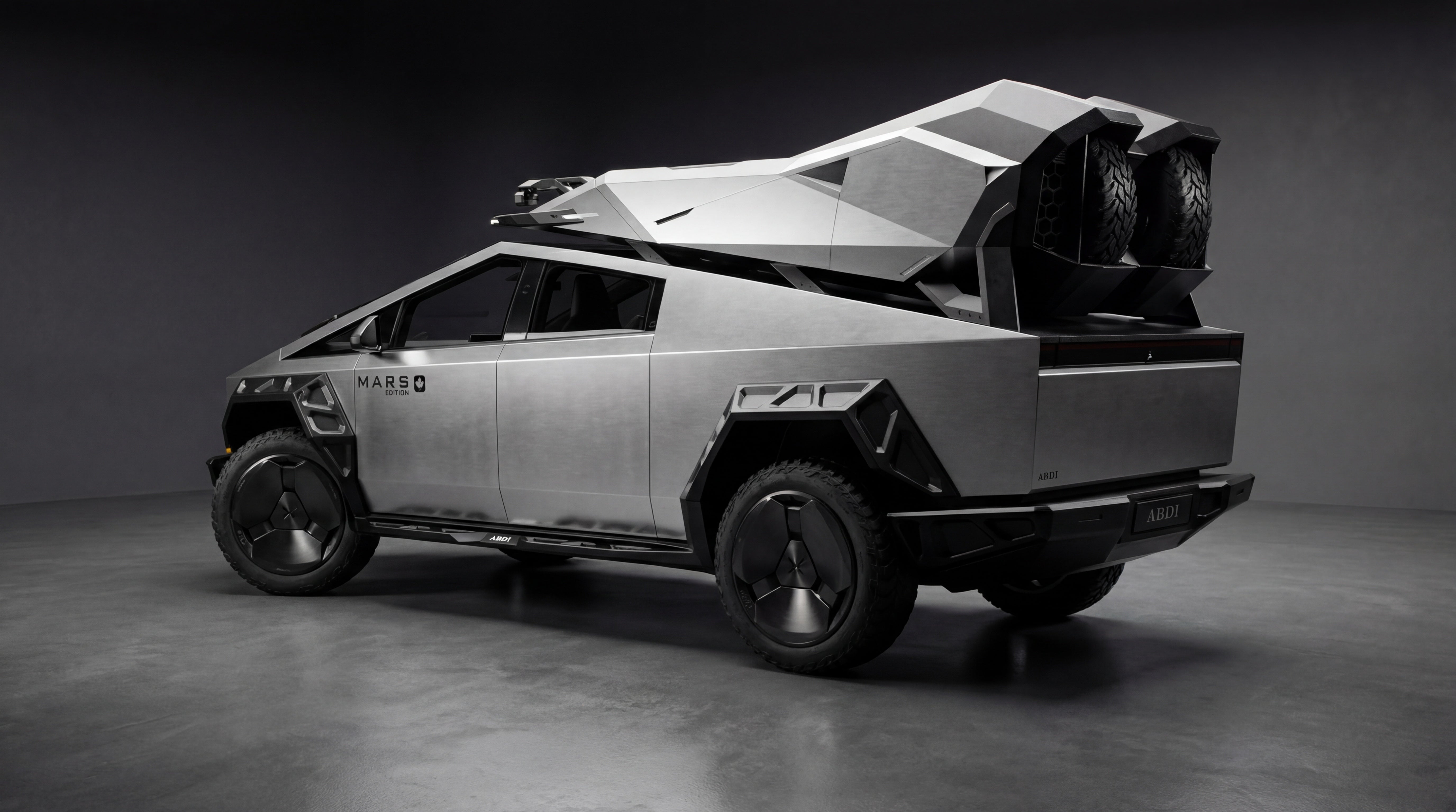 Cybertruck with Xolaris Stealth · 20” · Brushed Obsidian · Complete Exterior · Roof Rack