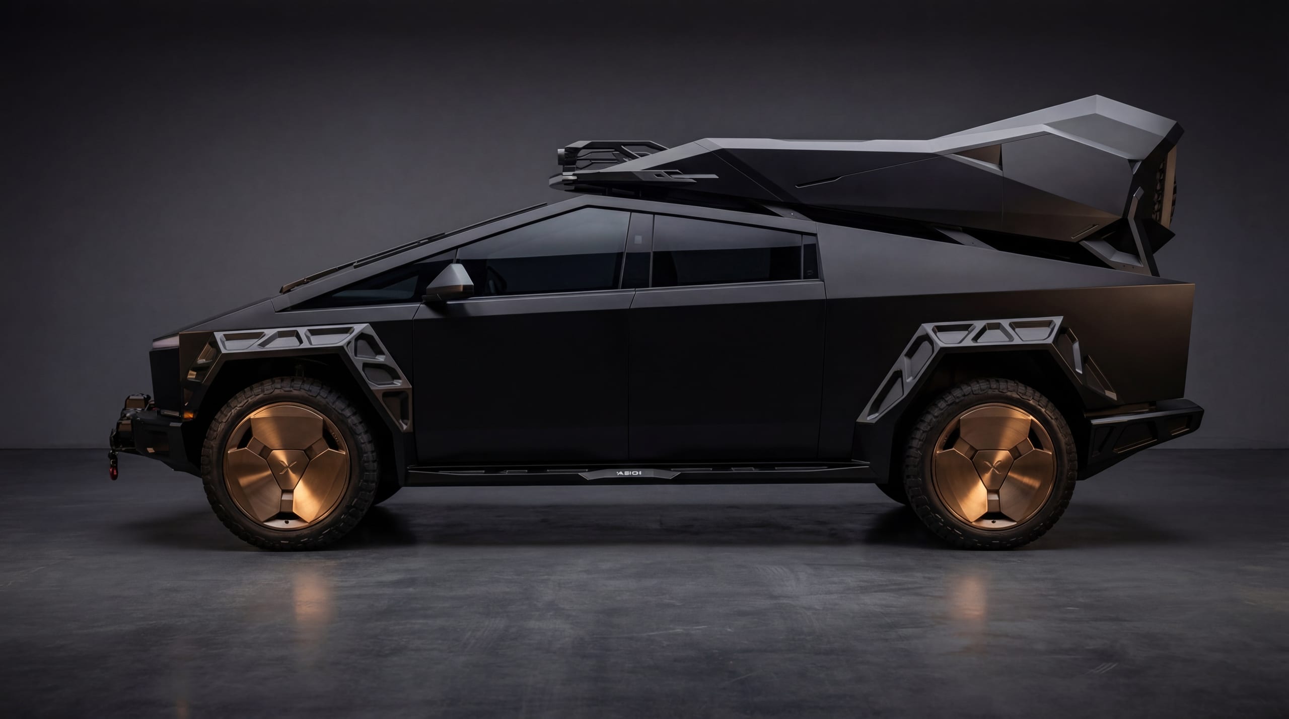 Cybertruck with Xolaris Monolith · 22” · Burnished Bronze · Full Exterior Kit (render)