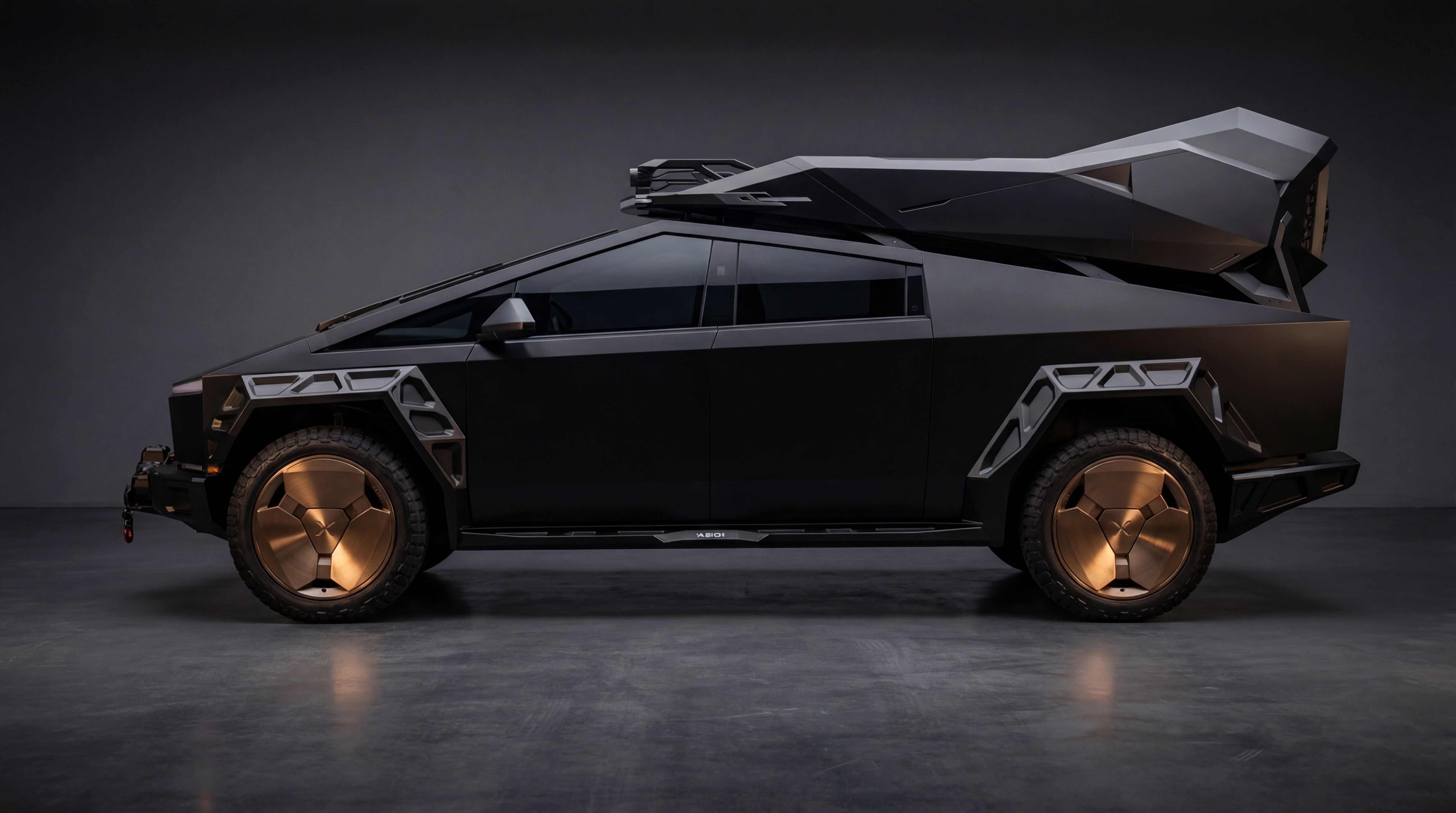 Cybertruck with Xolaris Terra · 22” · Brushed Bronze · Complete Exterior · Matte Black Wrap