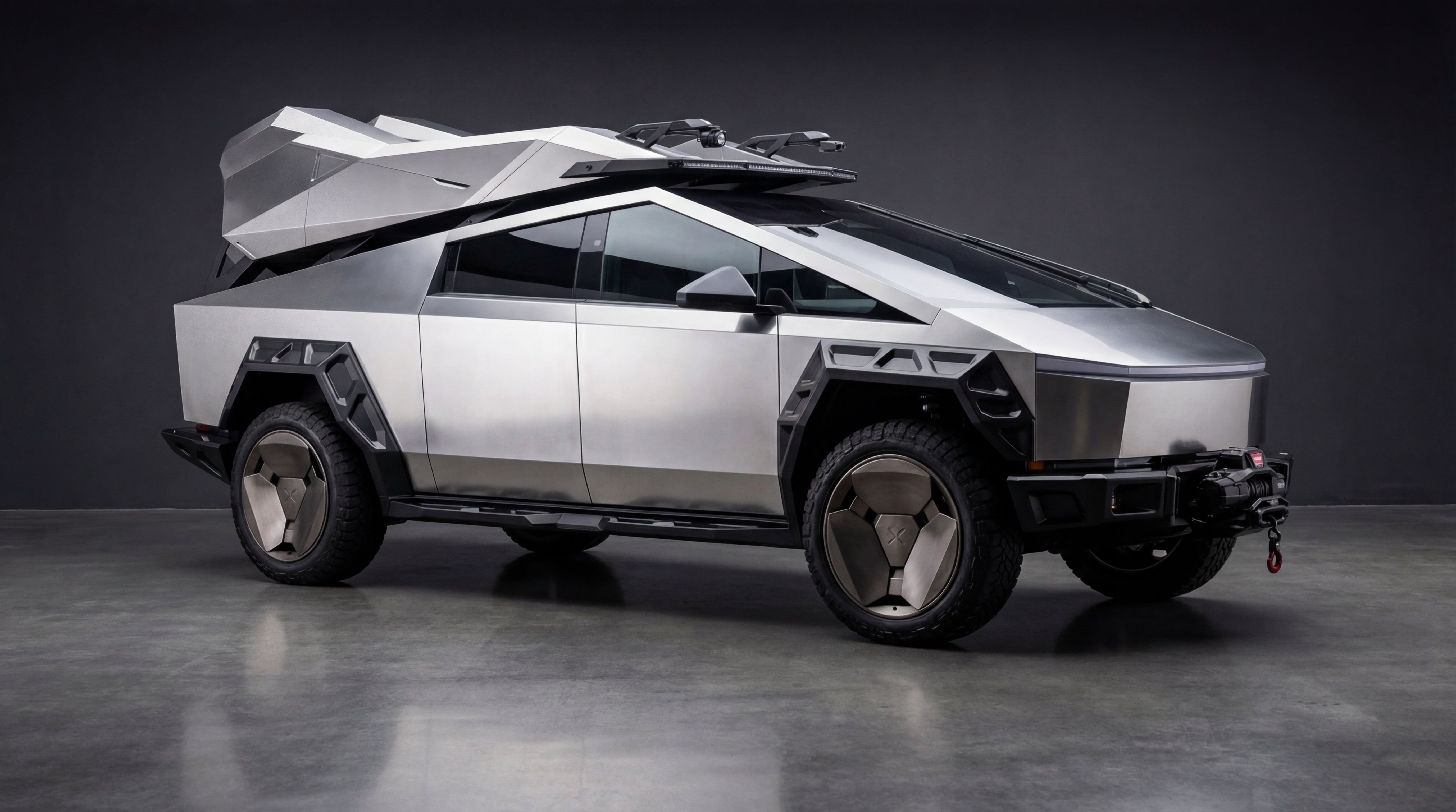 Cybertruck with Xolaris Stealth · 24” · Brushed Titanium · Complete Exterior · Roof Rack