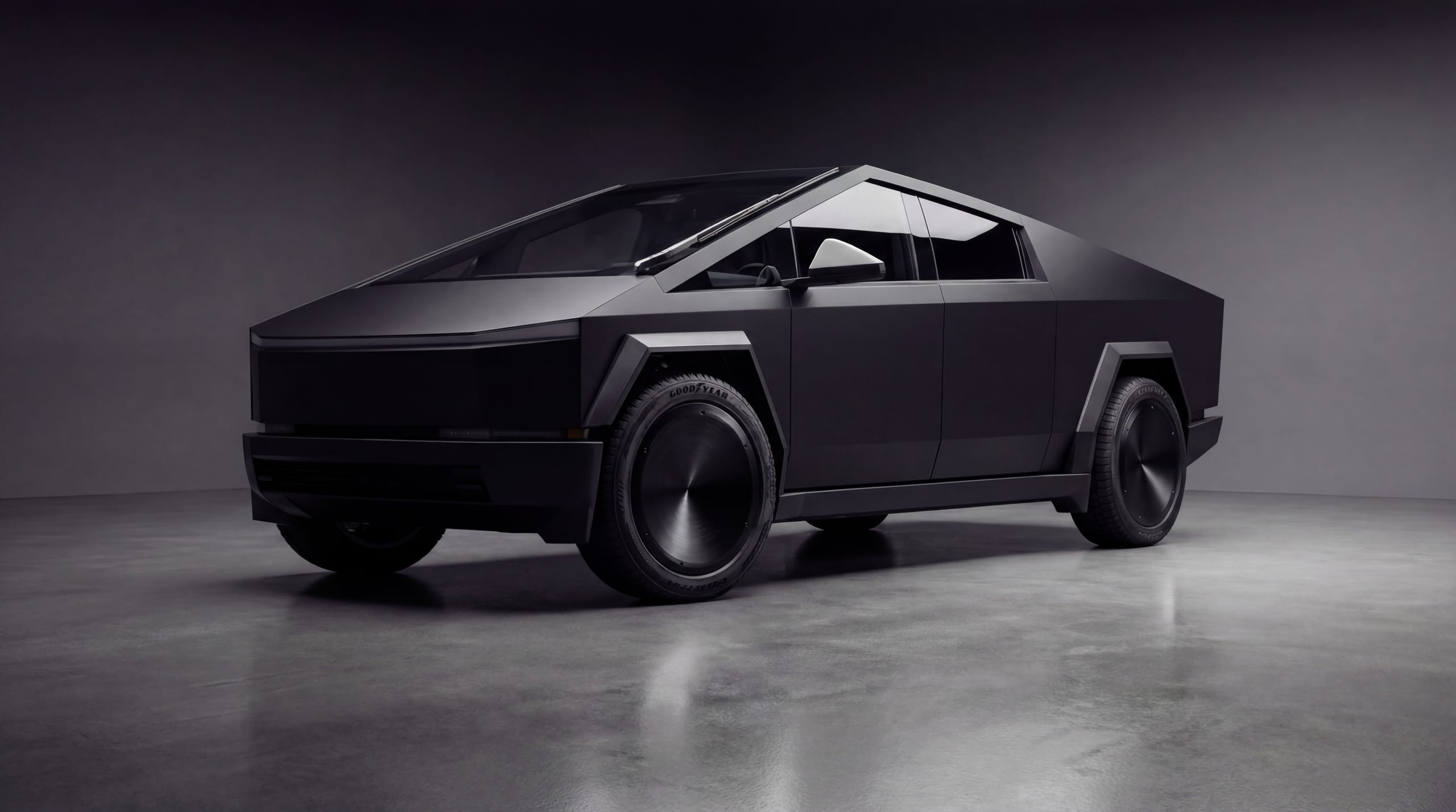 Cybertruck with Xolaris Umbra · 20” · Satin Obsidian · Front Bumper · Fender Flares + Rocker Panels (render)