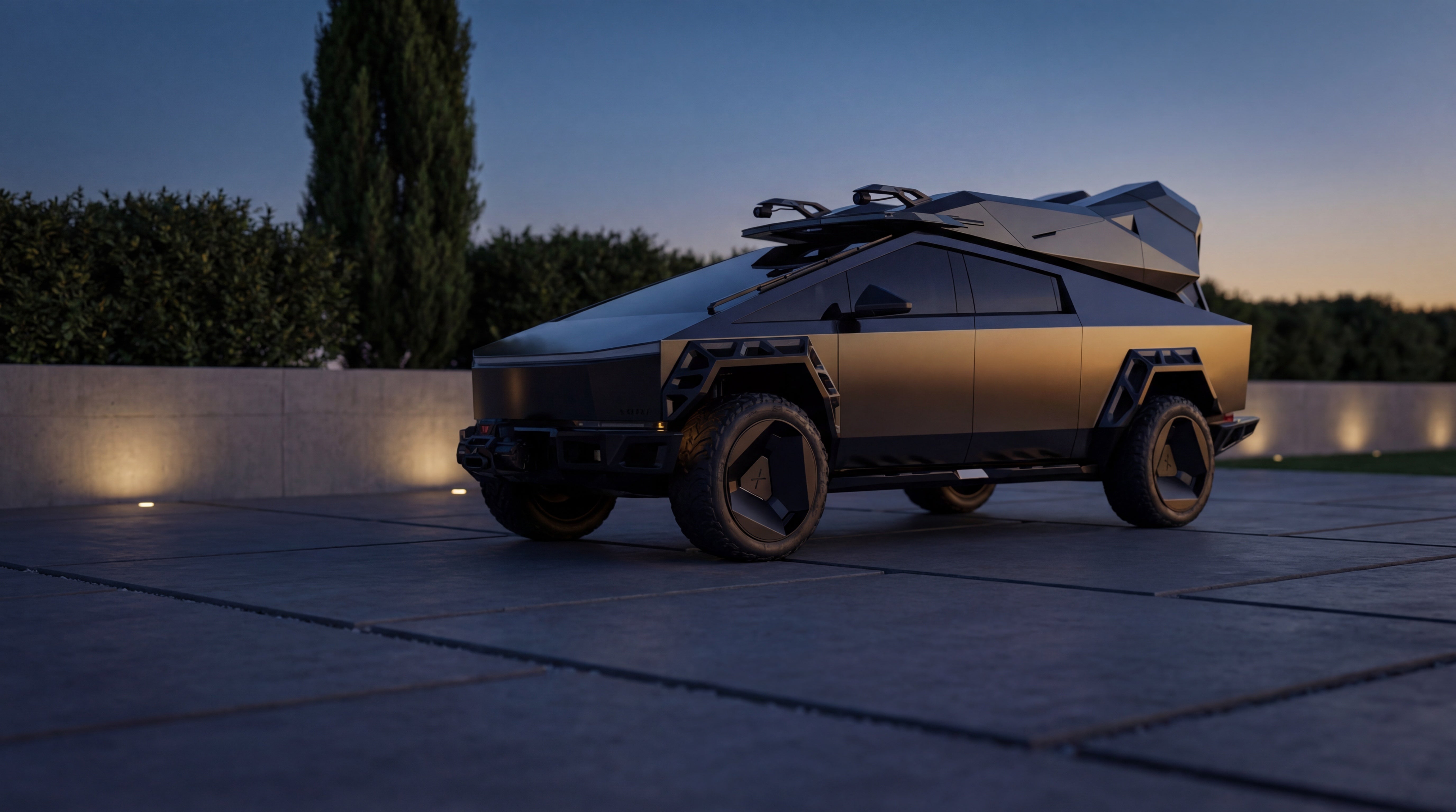 Cybertruck with Xolaris forged wheels in dark studio with dramatic side lighting