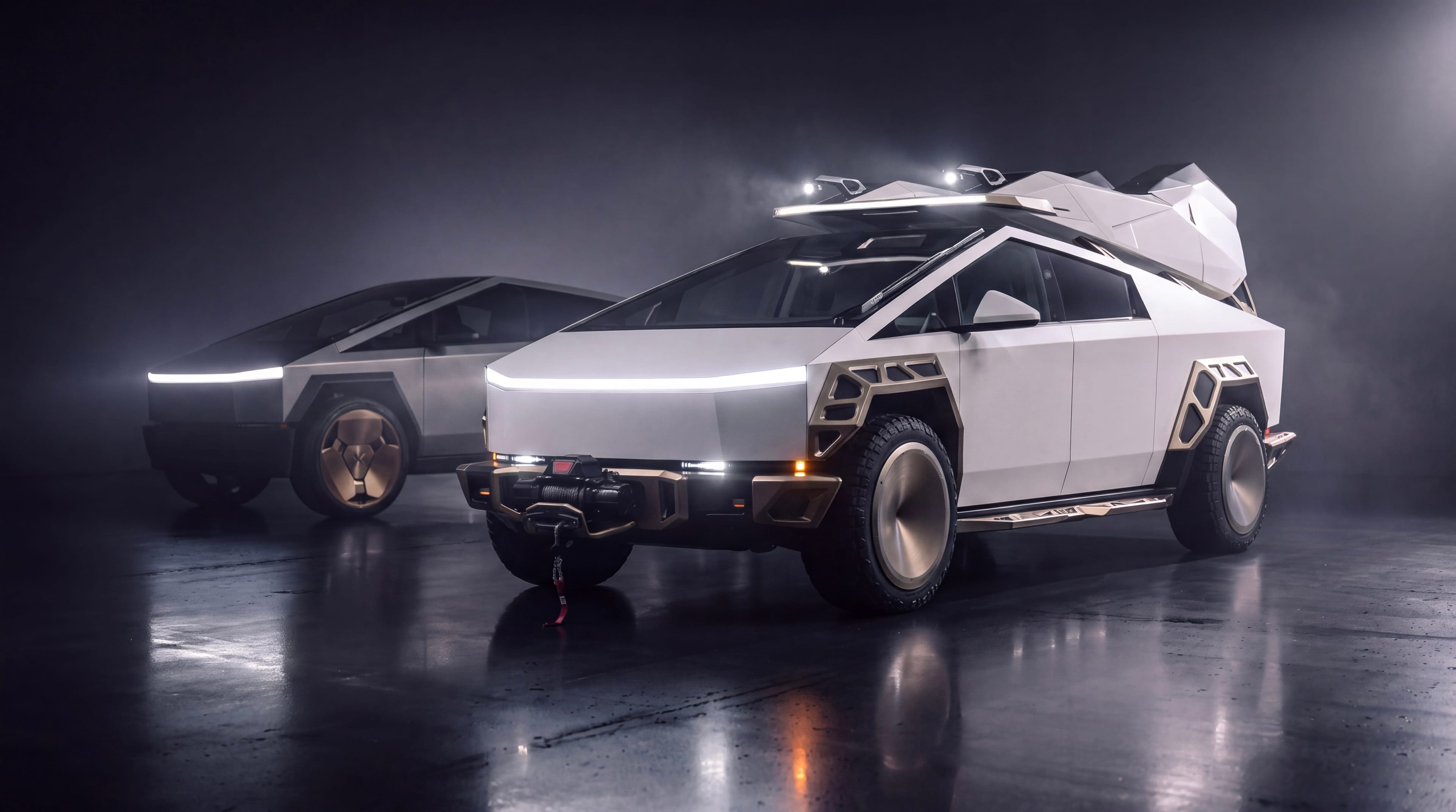 Two Tesla Cybertrucks on Xolaris forged wheels, the front one fitted with the Xolaris exterior (render)
