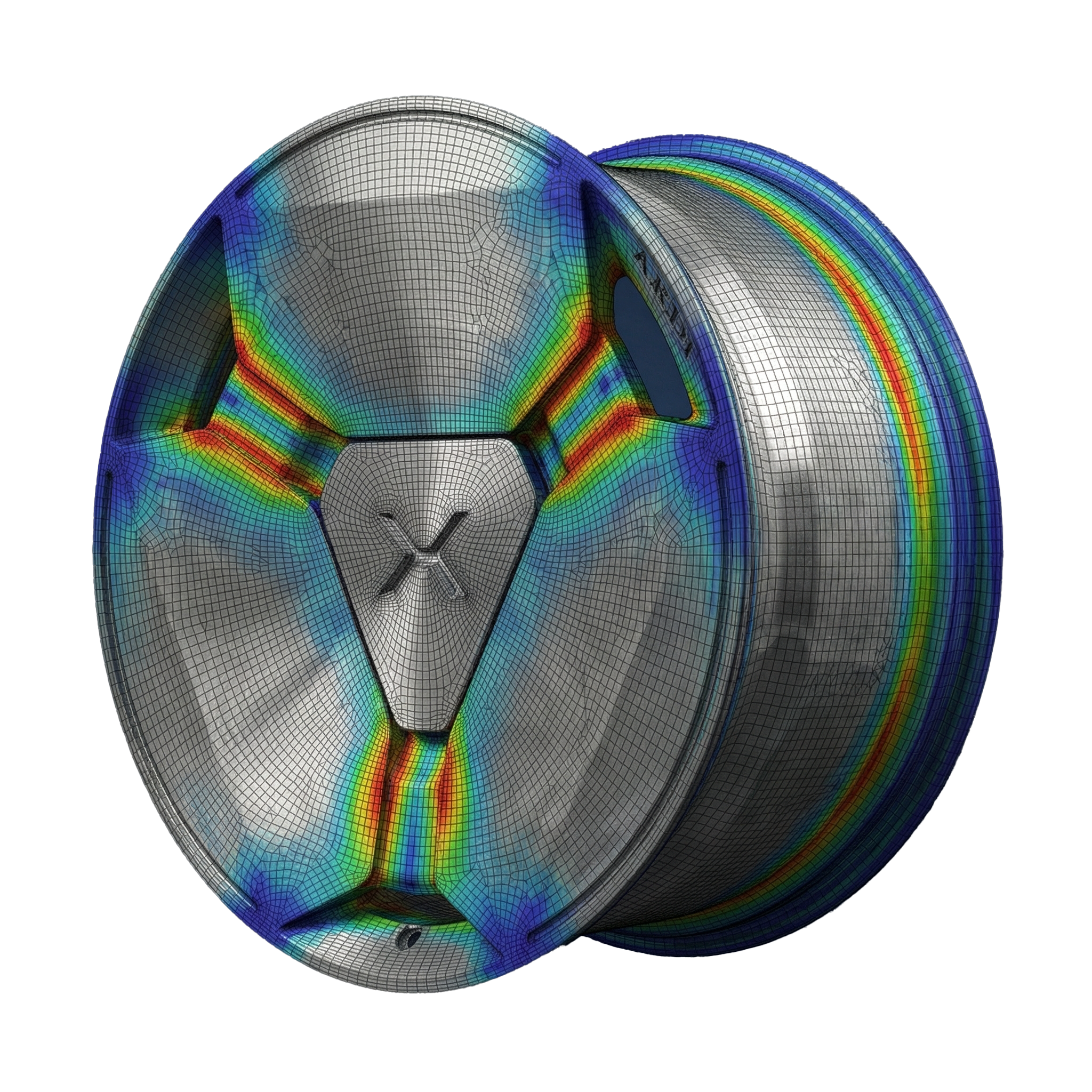 FEA stress analysis heatmap on Xolaris forged wheel